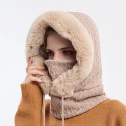 Winter Hat For Women Hooded Face Mask Fluff Keep Warm Thicken Style Neck Scarf Hooded Cap Beanie Knitted Cashmere Neck Warmer