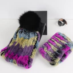 2026 New Fashion Knitted Good Elastic Real Fur Scarf Hat Sets Women Winter Warm 100% Natural Rex Rabbit Fur Scarves Hats Sets