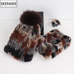 2026 New Fashion Knitted Good Elastic Real Fur Scarf Hat Sets Women Winter Warm 100% Natural Rex Rabbit Fur Scarves Hats Sets