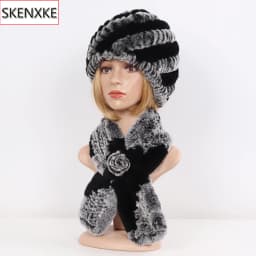 Winter Women Knitted Real Rex Rabbit Fur Hat Scarf Sets Natural Warm Fur Hats Scarves Lady Soft Real Rex Rabbit Fur Cap Muffler