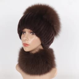 New Winter Women Luxury Real Fox Fur Hat Scarf Sets Natural Soft Knitted Warm Rex Rabbit Fur Top Fox Fur Hats Scarves 2 Pieces