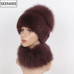 New Winter Women Luxury Real Fox Fur Hat Scarf Sets Natural Soft Knitted Warm Rex Rabbit Fur Top Fox Fur Hats Scarves 2 Pieces