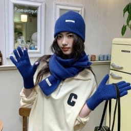 Korean Three-piece Set Scarves Gloves Women Autumn Winter Warm Knitted Hat Touch Screen Gloves Solid Color Women's Glove Sets