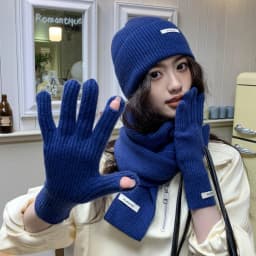 Korean Three-piece Set Scarves Gloves Women Autumn Winter Warm Knitted Hat Touch Screen Gloves Solid Color Women's Glove Sets