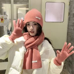 Korean Three-piece Set Scarves Gloves Women Autumn Winter Warm Knitted Hat Touch Screen Gloves Solid Color Women's Glove Sets
