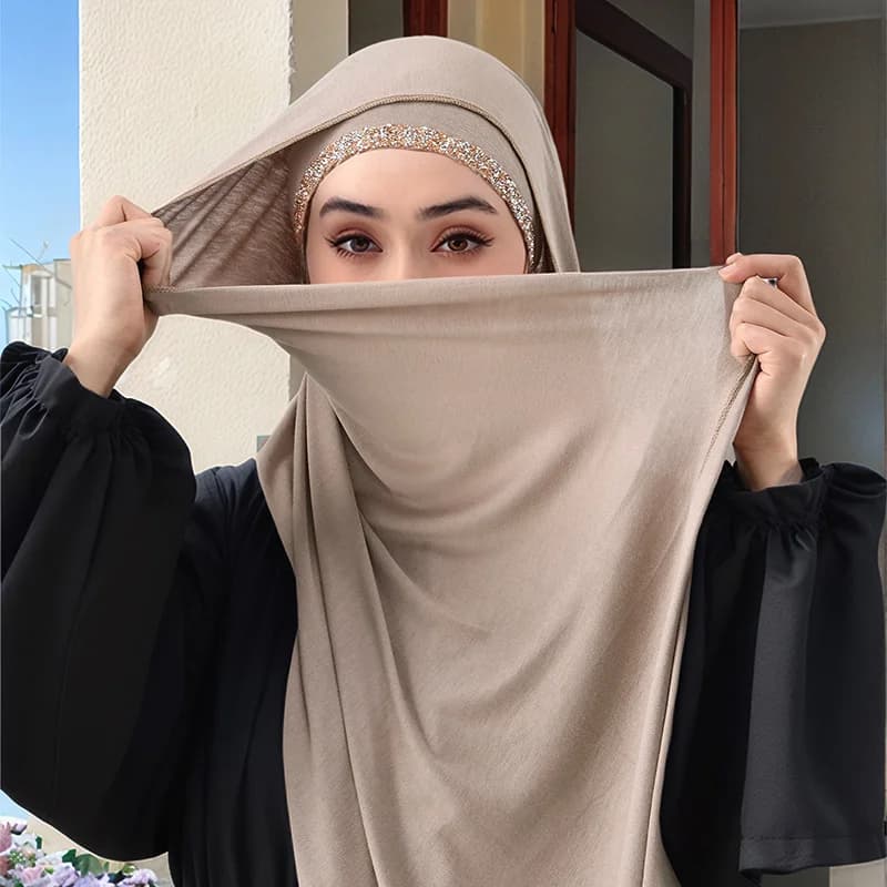 2pcs Muslim Modal Jersey Scarf Hijab With Diamond Adjustable Inner Caps Soft Woman Muslim Hijabs Women Fashion Accessories Set