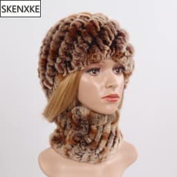 Hot Sale Women Winter Real Rex Rabbit Fur Hat Scarf Sets Natural Knit Rex Rabbit Fur Muffler Hat Lady Warm Real Fur Hats Scarves