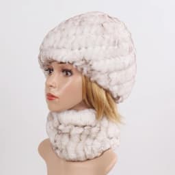 Hot Sale Women Winter Real Rex Rabbit Fur Hat Scarf Sets Natural Knit Rex Rabbit Fur Muffler Hat Lady Warm Real Fur Hats Scarves