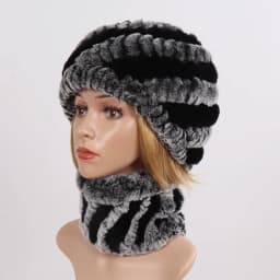 Hot Sale Women Winter Real Rex Rabbit Fur Hat Scarf Sets Natural Knit Rex Rabbit Fur Muffler Hat Lady Warm Real Fur Hats Scarves