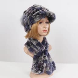 New Women Winter Knit Real Rex Rabbit Fur Hat Scarf Sets Natural Warm Fur Cap Scarves 2 Pieces Girl Quality Real Fur Hat Muffler
