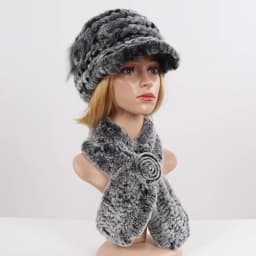 New Women Winter Knit Real Rex Rabbit Fur Hat Scarf Sets Natural Warm Fur Cap Scarves 2 Pieces Girl Quality Real Fur Hat Muffler