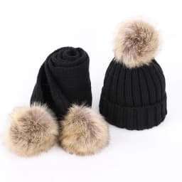 New 2026 Winter Children's Double Hair Ball Woolen Hat Scarf Set Boys Girls Thickened Raccoon Ball Knitted Ear Cap Two Piece Set