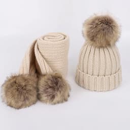 New 2026 Winter Children's Double Hair Ball Woolen Hat Scarf Set Boys Girls Thickened Raccoon Ball Knitted Ear Cap Two Piece Set