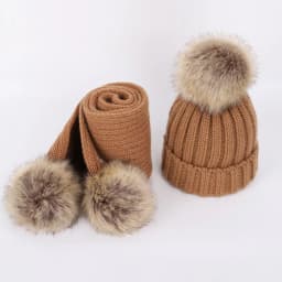 New 2026 Winter Children's Double Hair Ball Woolen Hat Scarf Set Boys Girls Thickened Raccoon Ball Knitted Ear Cap Two Piece Set