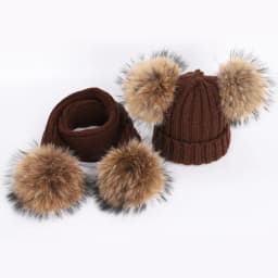 New 2026 Winter Children's Double Hair Ball Woolen Hat Scarf Set Boys Girls Thickened Raccoon Ball Knitted Ear Cap Two Piece Set