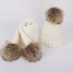 New 2026 Winter Children's Double Hair Ball Woolen Hat Scarf Set Boys Girls Thickened Raccoon Ball Knitted Ear Cap Two Piece Set