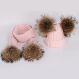 New 2026 Winter Children's Double Hair Ball Woolen Hat Scarf Set Boys Girls Thickened Raccoon Ball Knitted Ear Cap Two Piece Set