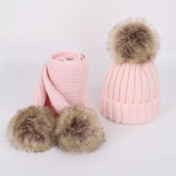 New 2026 Winter Children's Double Hair Ball Woolen Hat Scarf Set Boys Girls Thickened Raccoon Ball Knitted Ear Cap Two Piece Set