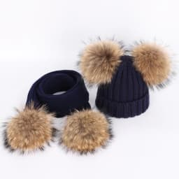 New 2026 Winter Children's Double Hair Ball Woolen Hat Scarf Set Boys Girls Thickened Raccoon Ball Knitted Ear Cap Two Piece Set
