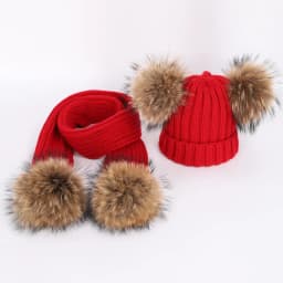 New 2026 Winter Children's Double Hair Ball Woolen Hat Scarf Set Boys Girls Thickened Raccoon Ball Knitted Ear Cap Two Piece Set