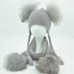 Jaxmonoy Kids Winter Hat and Scarf Set Children's Warm Knit Beanie Real Raccoon Fur Pompom Beanie&Scarf Set for Boys and Girls
