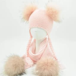 Jaxmonoy Kids Winter Hat and Scarf Set Children's Warm Knit Beanie Real Raccoon Fur Pompom Beanie&Scarf Set for Boys and Girls