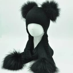 Jaxmonoy Kids Winter Hat and Scarf Set Children's Warm Knit Beanie Real Raccoon Fur Pompom Beanie&Scarf Set for Boys and Girls