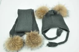 Jaxmonoy Kids Winter Hat and Scarf Set Children's Warm Knit Beanie Real Raccoon Fur Pompom Beanie&Scarf Set for Boys and Girls