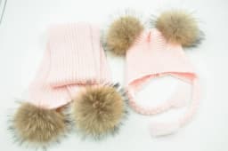 Jaxmonoy Kids Winter Hat and Scarf Set Children's Warm Knit Beanie Real Raccoon Fur Pompom Beanie&Scarf Set for Boys and Girls