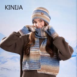 Winter Women GradientColor Knitted Hat Scarf Gloves Set Thickened Fleece Lining Skullcap Outdoor Cycling Wind Protection Beanies