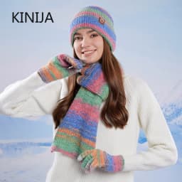 Winter Women GradientColor Knitted Hat Scarf Gloves Set Thickened Fleece Lining Skullcap Outdoor Cycling Wind Protection Beanies
