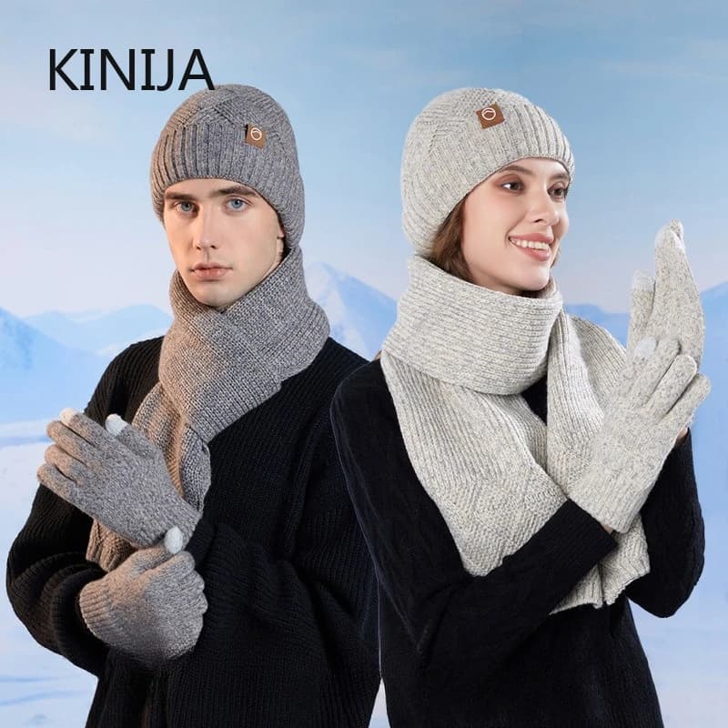3pcWinter Knitted Hat Scarf Gloves Set for Women Men Cold Proof Ear Protection Scarf Warm Skullies Beanie Outdoor Cycling Skiing