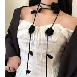 Handwoven Black Rose Flower Scarf Narrow Long Silk Scarf Neck Warmer Y2K Trendy Accessory Necklace Decoration for Youth And A...