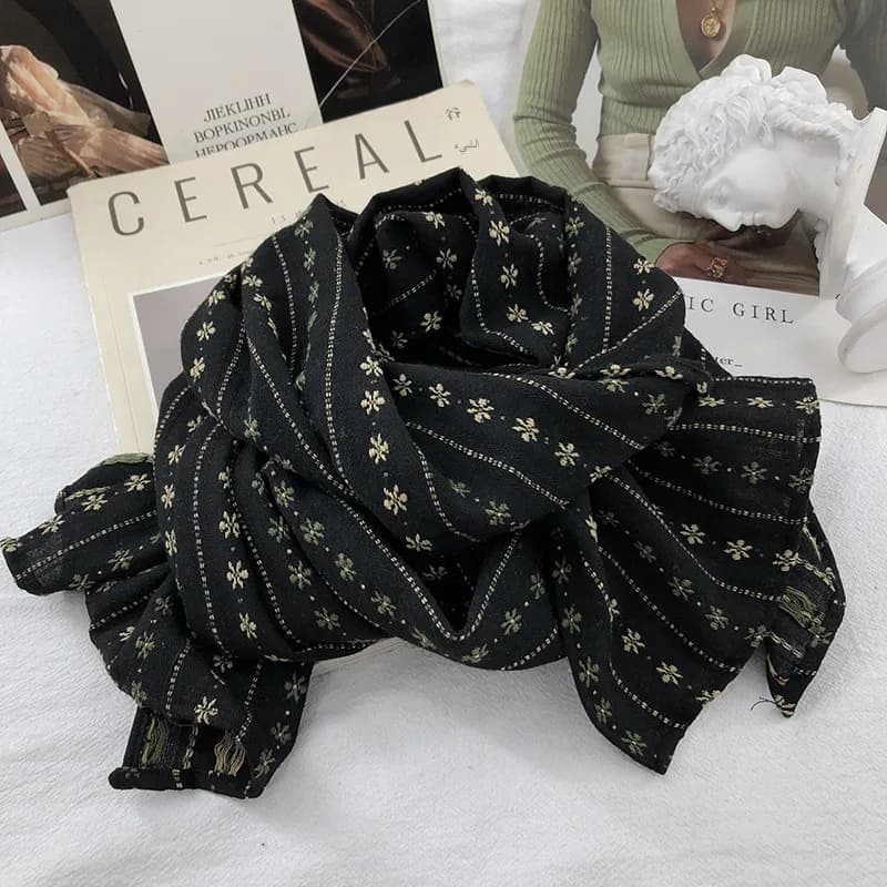 Retro Japanese Style Cotton Scarf Floral Embroidery Narrow Version Warm Neck Protection for Men And Women Autumn Winter