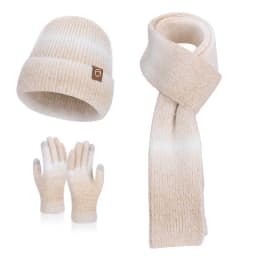Winter Cap Gloves Scarf Set Women GradientColor Knitted Hat Thickened Fleece Lining Skullcap Outdoor Cycling Windproof Beanies