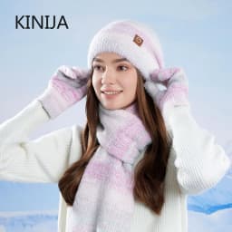 Winter Cap Gloves Scarf Set Women GradientColor Knitted Hat Thickened Fleece Lining Skullcap Outdoor Cycling Windproof Beanies