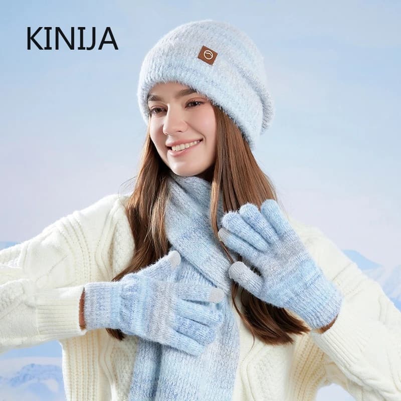 Winter Cap Gloves Scarf Set Women GradientColor Knitted Hat Thickened Fleece Lining Skullcap Outdoor Cycling Windproof Beanies