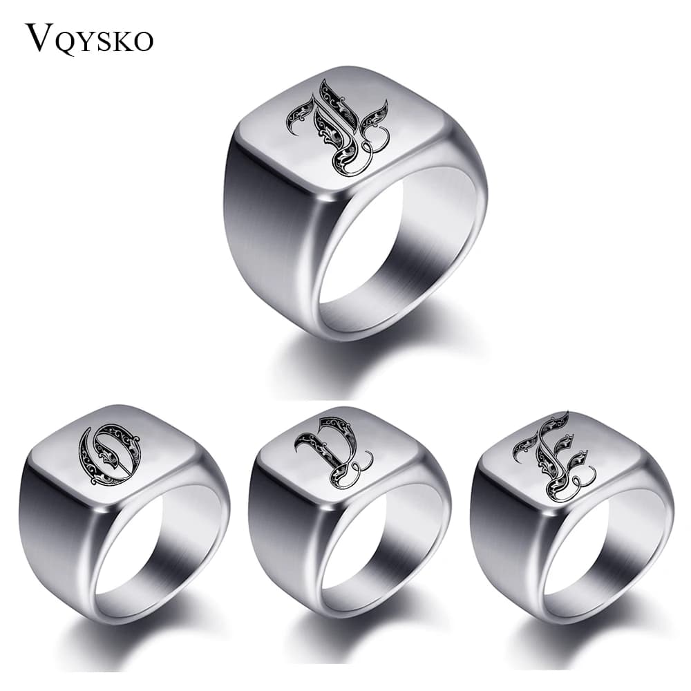Initial Engrave Custom Rings For Men Stainless Steel Male Signet Blank Jewelry Ring Band High Polished Silver Tone U.S.Size