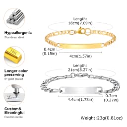 Vnox Free Engrave Love Words Bracelets Gifts for Couples, Stainless Steel Figaro Chain Bracelets,Valentines Day Gift for Him Her