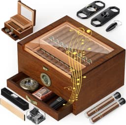 Cigar Humidor with Built-in Music Box System and Cedar Wood Tray-Transparent Top Desktop Humidor,Digital Hygrometer & Humidifier