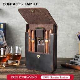 CONTACT'S FAMILY Genuine Leather Cigar Humidor Box Travel Cigar Case for 4 Cigars Lighter Cutter Storage Smoking Accessories