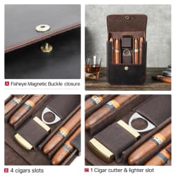 CONTACT'S FAMILY Genuine Leather Cigar Humidor Box Travel Cigar Case for 4 Cigars Lighter Cutter Storage Smoking Accessories
