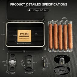 Portable Travel Humidor Box with 2 Cigar Cutters 1 Cigar Punch Hygrometer - Complete Cigar Accessories Set for On-the-Go Smoking