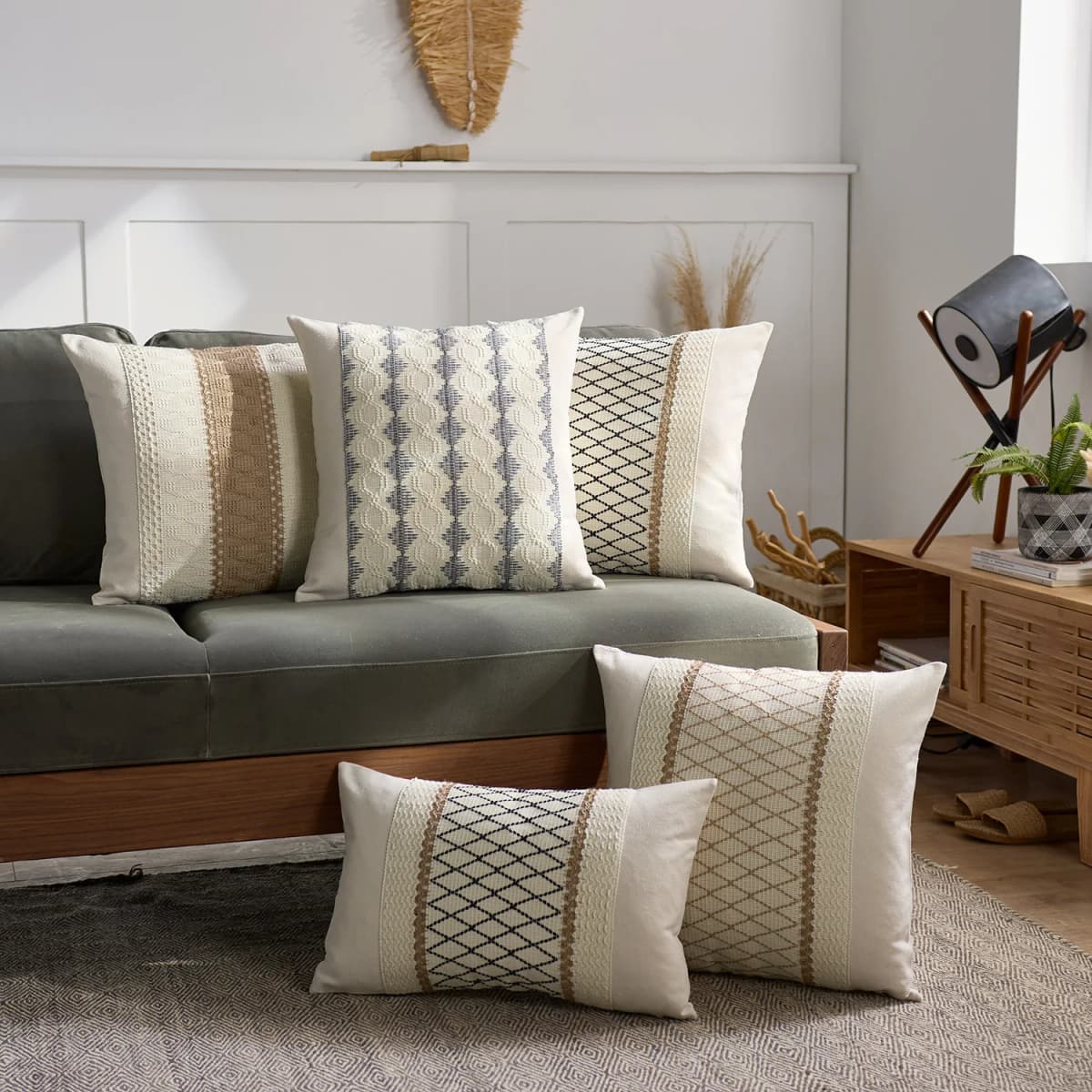 Rustic Retro Square Boho Lumbar Throw Pillow Case Soft Linen Farmhouse Cushion Covers Neutral Sofa Living Room Home Decorative