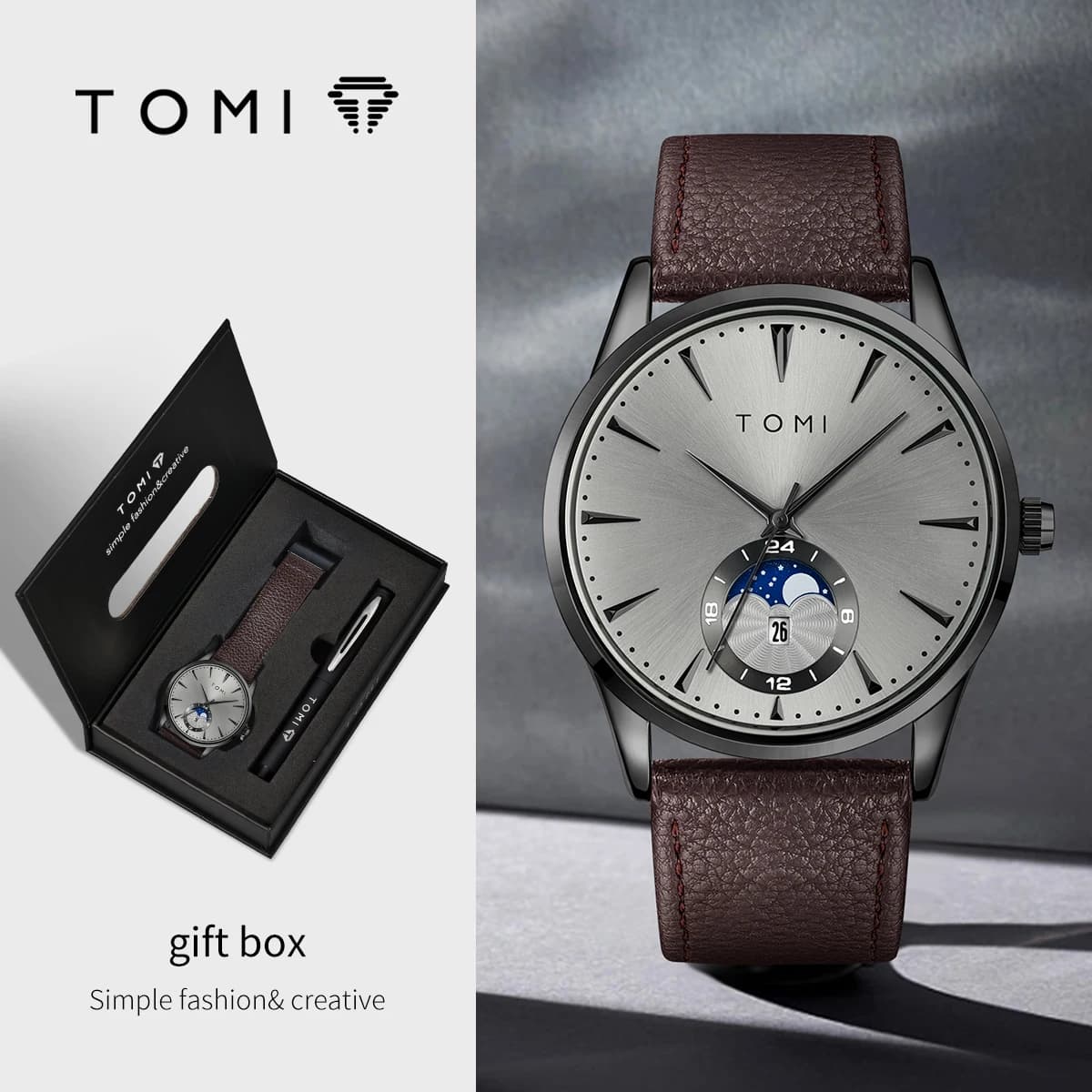 TOMI 2Pcs Men's Watch Gift Set with Pen Luxury Business Calendar Quartz Watch Suitable for Men's Birthday or Holiday Gift