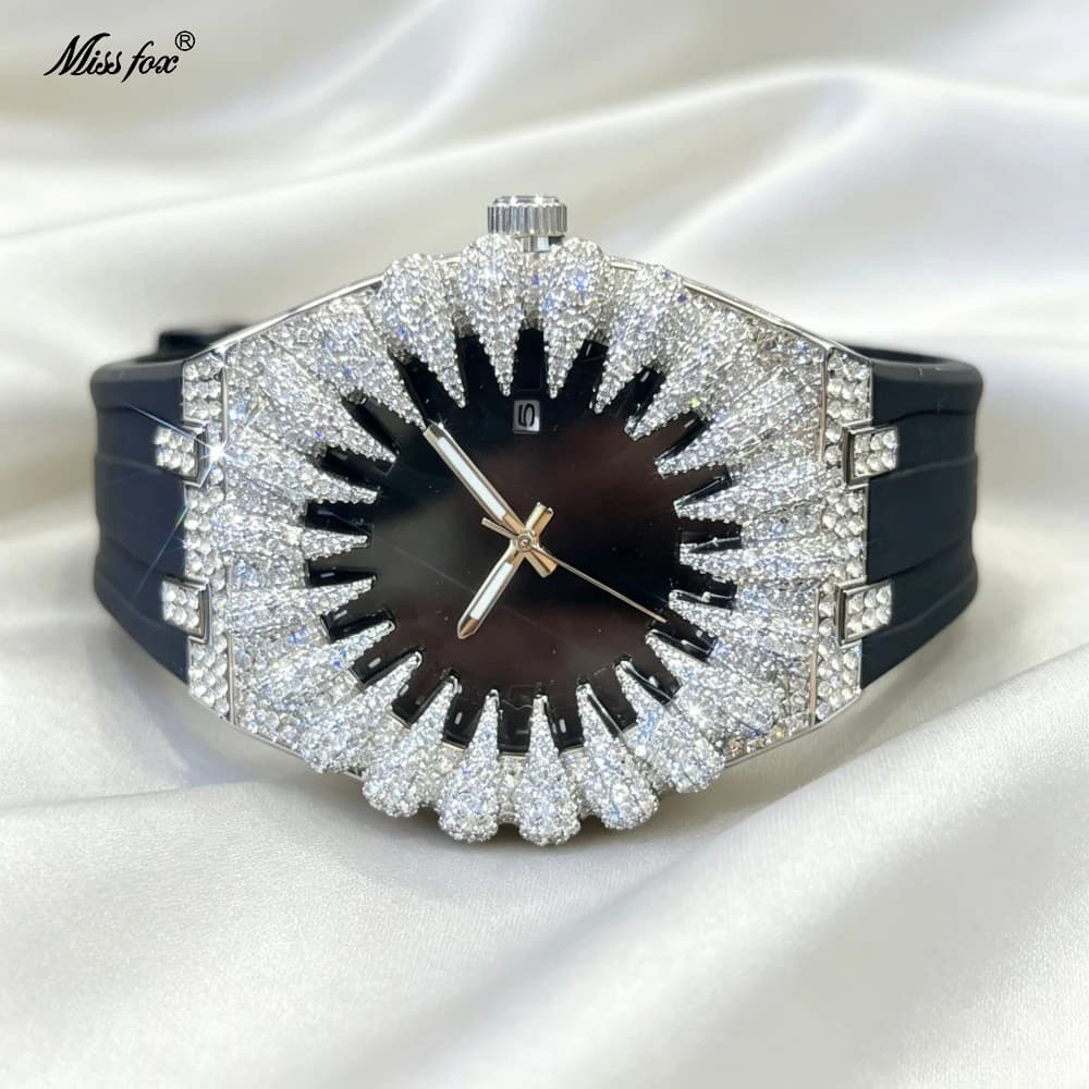 MISSFOX New Design Iced Diamond Watch Men Automatic Date Fashion Waterproof Quartz Clocks Hip Hop Gold Jewelry Wristwatch Gift