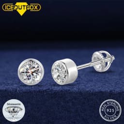 Round Moissanite Stud Earrings 100% Real 925 Sterling Silver Bezel Setting Screw Back Ear Jewelry Gift For Men Women Daily Wear