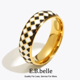 E.B.belle Stainless Steel Fine Polished Small Black White Enamel Checker Ring Tarnish Free Woman New Y2K Jewelry Black Ring