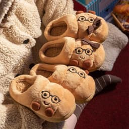 Cute Croissant Cotton Slippers For Women Men Winter House Shoes Warm Plush Anti-slip Lovers Home Floor Slides Fluffy Footwear