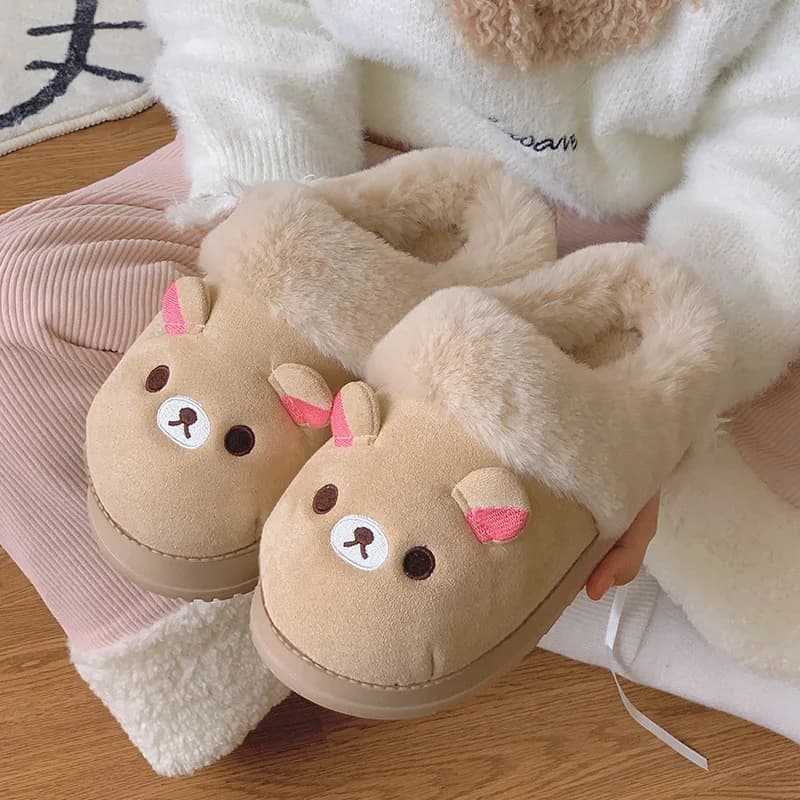 New Cute Rilakkuma Winter Wear Non Slip Warm Shoes Home Cute Bear Couple Slippers Anime Surrounding Girls Christmas Gift